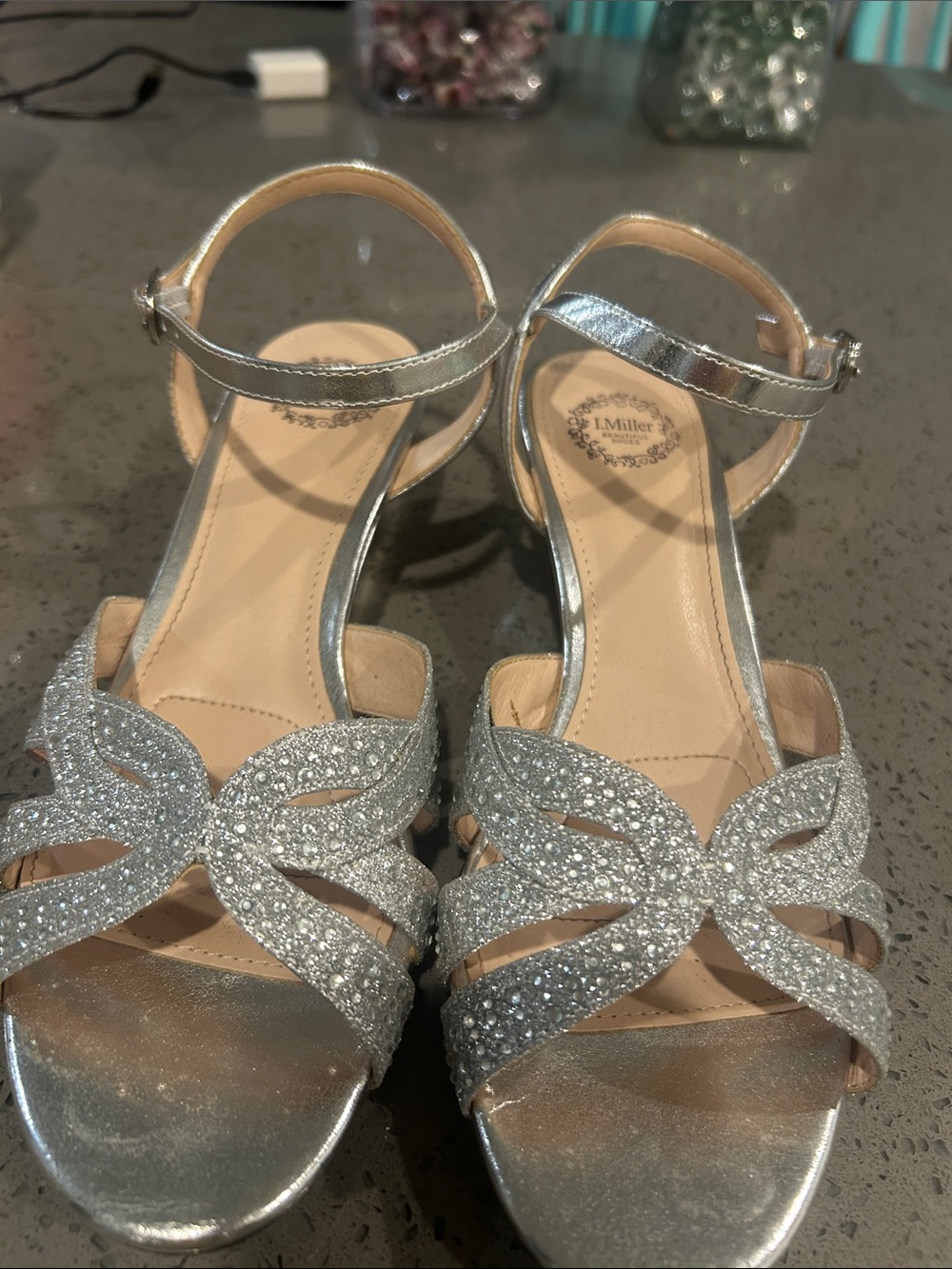 L. Miller Silver Glitter Evening Heels with Ankle Strap